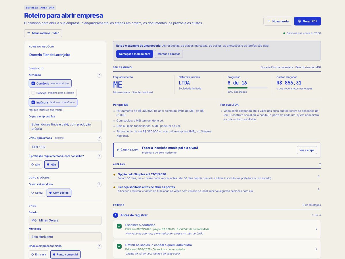 Tela da ferramenta Roteiro para abrir empresa