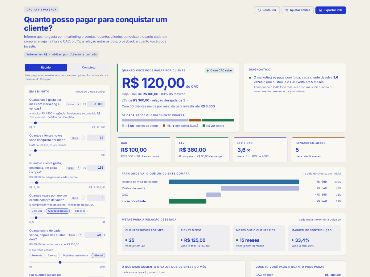 Tela da ferramenta CAC, LTV e payback