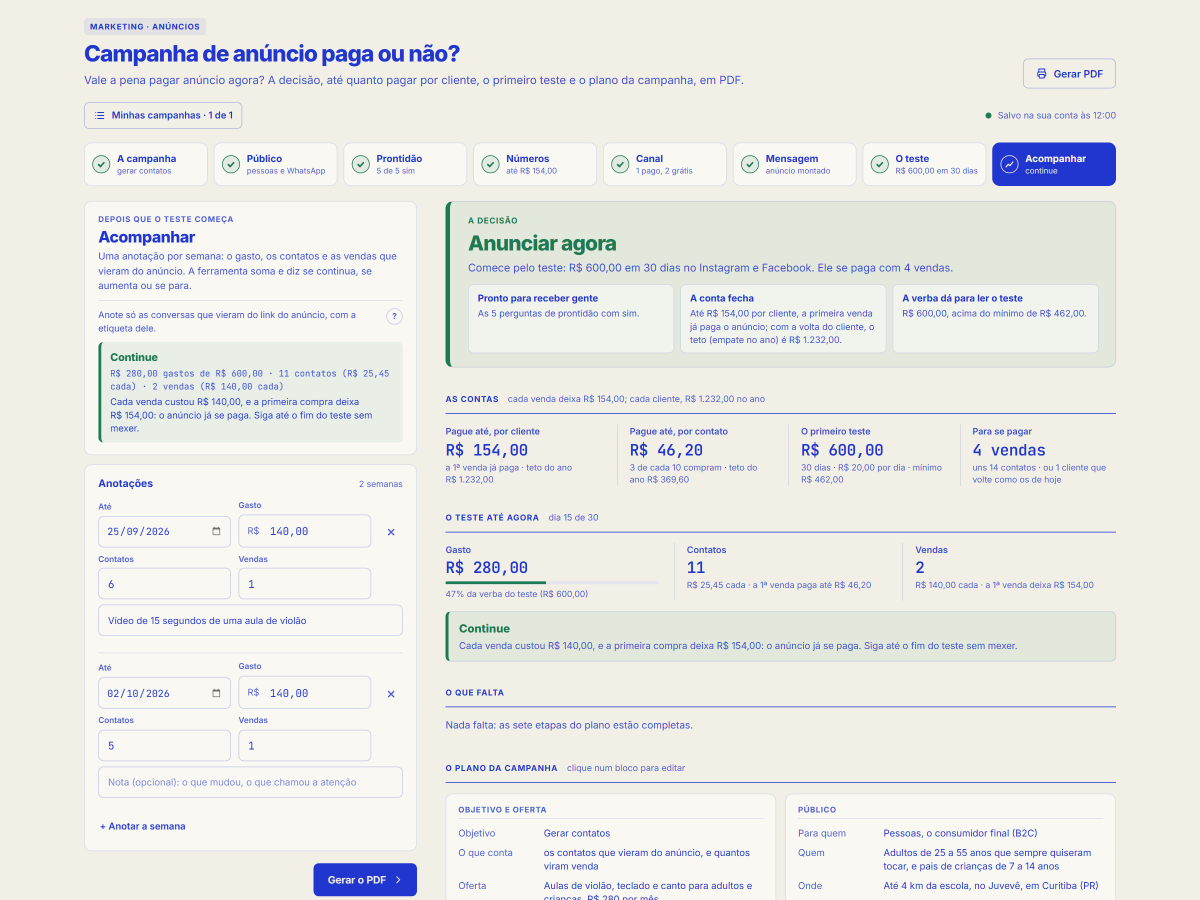 Tela da ferramenta Campanha de anúncio paga ou não?