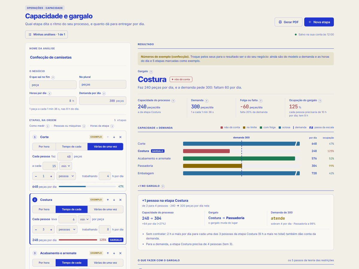 Tela da ferramenta Capacidade e gargalo