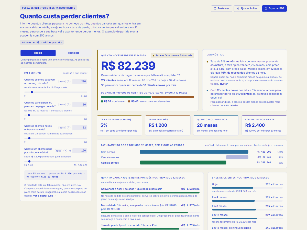 Tela da ferramenta Perda de clientes e receita recorrente