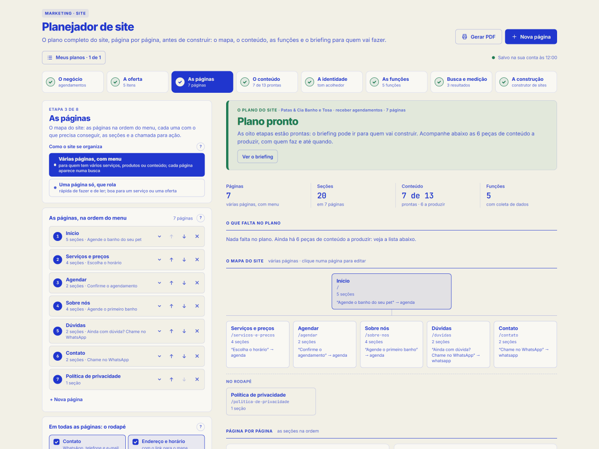 Tela da ferramenta Planejador de site