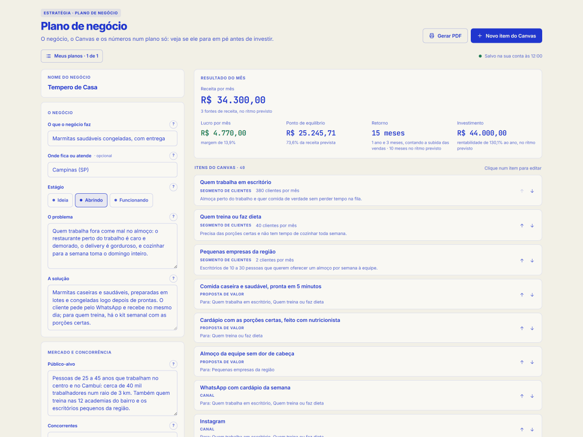 Tela da ferramenta Plano de negócio